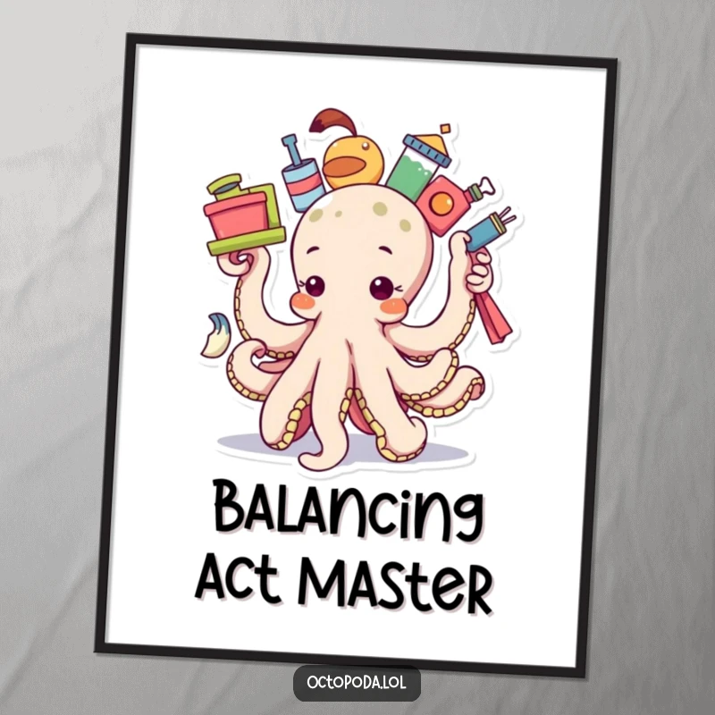 Funny determined octopus poster, artfully depicting an octopus precariously balancing numerous items, showcasing focused dedication.