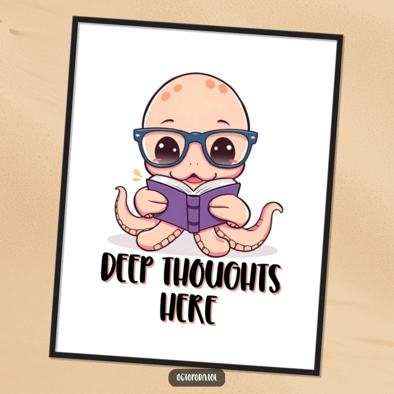 Funny Octopus Reading Poster: A delightful print of an octopus with glasses trying to read a tiny book, a humorous piece of art.