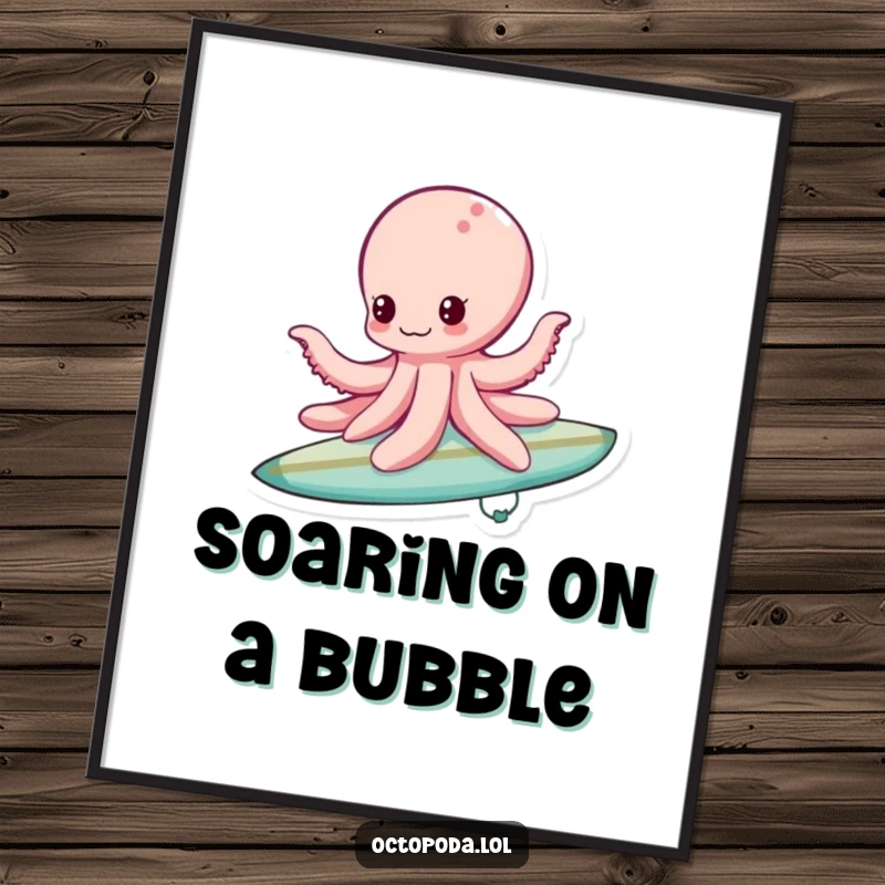 Funny bubble surfing octopus poster, artfully depicting a playful octopus riding a bubble as if it were a surfboard.