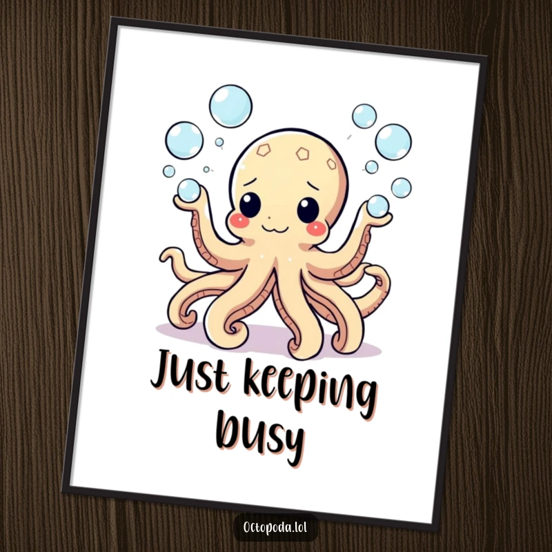 Funny Poster depicting a colorful octopus skillfully juggling eight small bubbles, adding a playful and humorous element to wall decor.