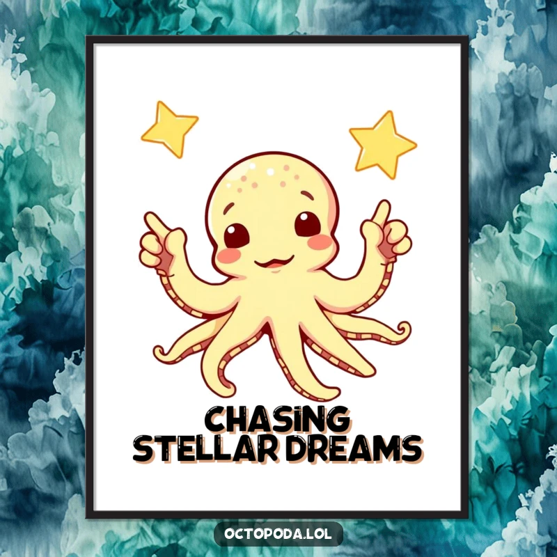 Funny poster featuring a curious octopus pointing its multiple arms towards a bright, twinkling star in the vast cosmos.