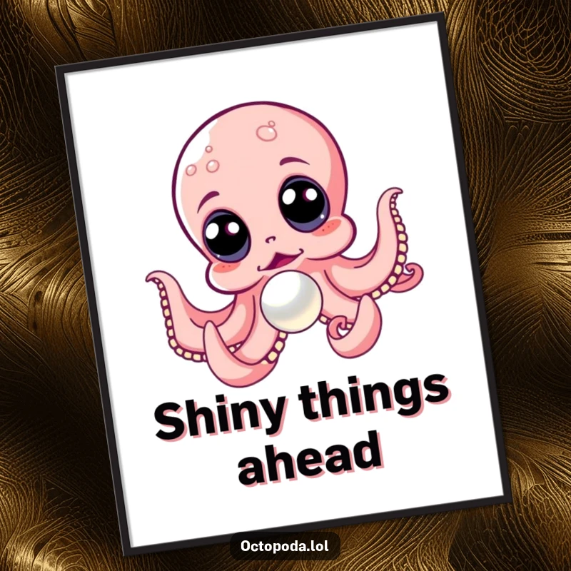 Funny poster illustrating an overjoyous octopus with large, staring eyes in hot pursuit of a brilliant, shiny pearl.