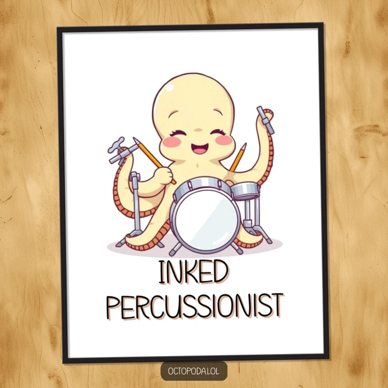 Funny poster illustrating a jubilant octopus playing a miniature drum set with its multiple tentacles, showcasing a whimsical and energetic musical performance.