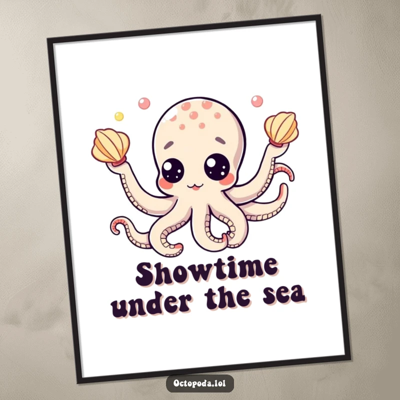 Funny poster of a charming octopus with wide googly eyes, juggling multiple seashells in a delightful, whimsical display.