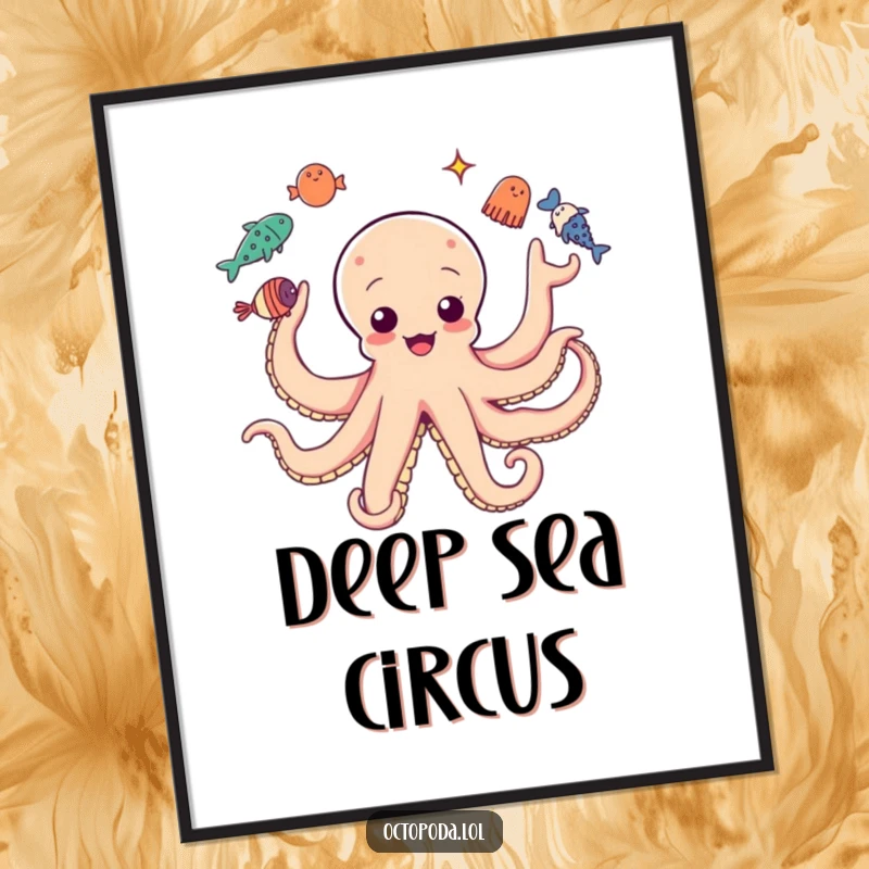 Funny poster art: Octopus with multiple arms juggling sea creatures, dynamic and humorous underwater scene.