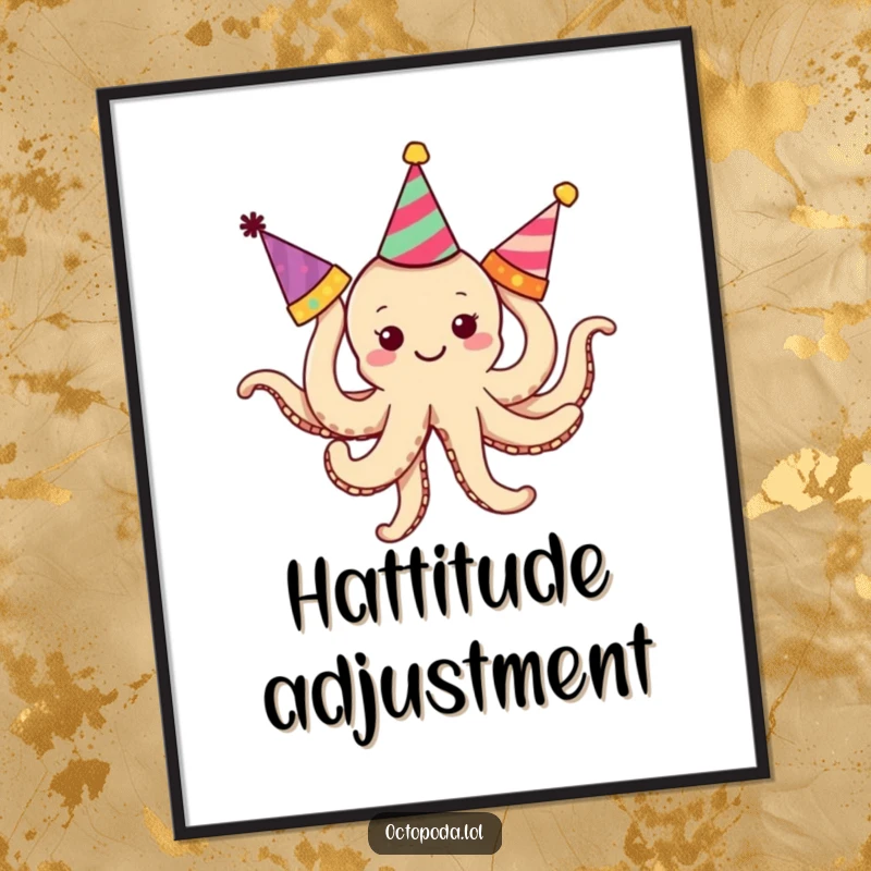 Funny Octopus Poster: A charming illustration of a smiling, tiny octopus with arms in a knot, juggling party hats.