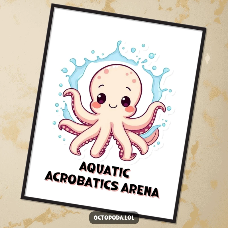 Funny octopus poster, a joyful cephalopod captured in a water splash, full of life and playful energy, a humorous wall decoration.