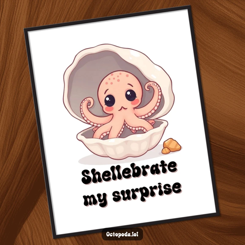 Funny Poster: A surprised octopus peeking from a giant seashell, its expression conveying gentle curiosity.