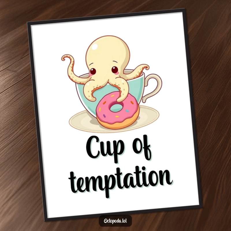 Funny Poster of a curious octopus in a teacup, with one tentacle reaching for a delicious donut nearby.