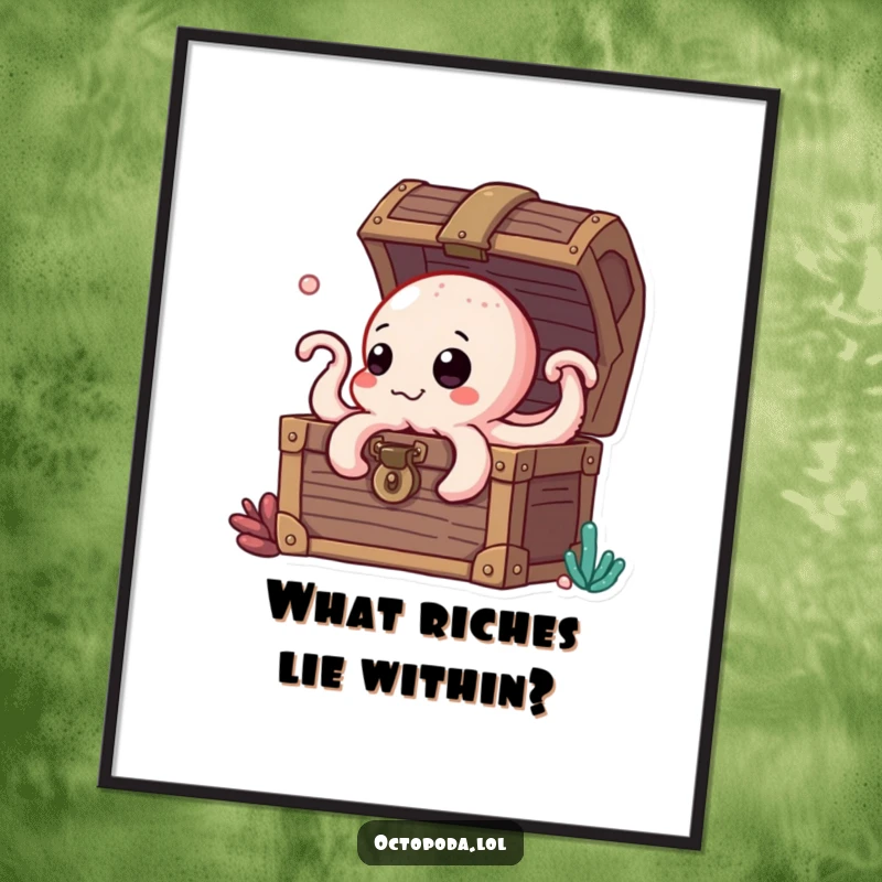 Funny poster of a curious octopus character peeking out from a glittering treasure chest, bringing humorous discovery to decor.