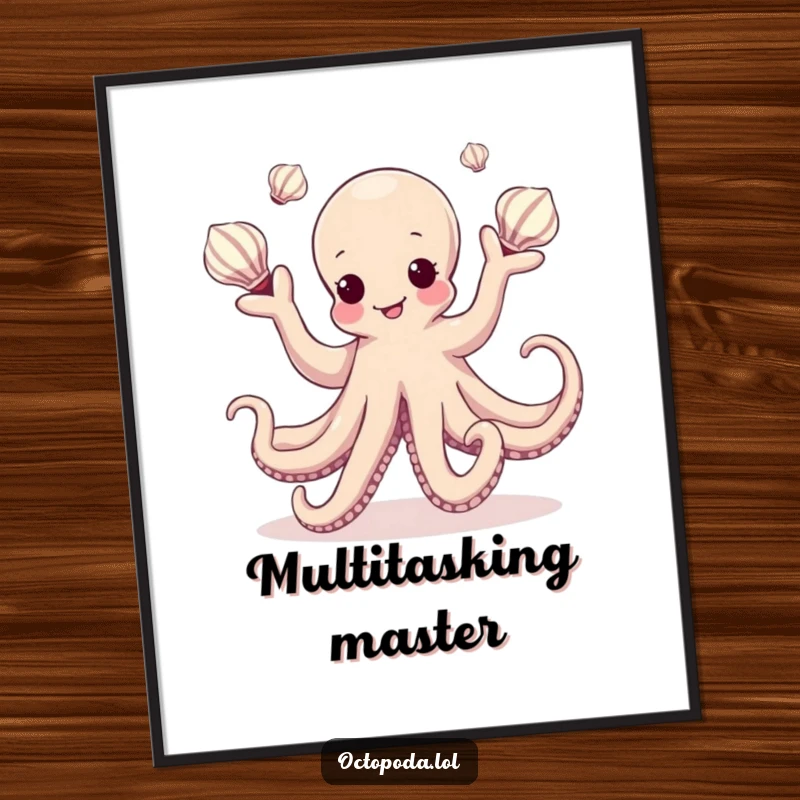 Funny Kawaii Octopus Poster depicting a graceful cephalopod performing an impressive juggling act with colorful seashells, underwater art.
