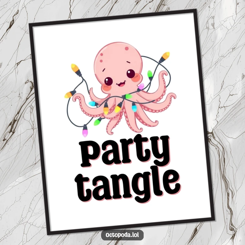 Funny poster art depicting a playful octopus comically tangled in a string of bright, colorful lights, a festive wall statement.
