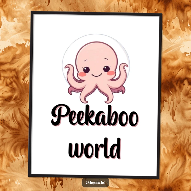 Funny poster featuring a shy octopus peeking from behind a large, smiling bubble, offering a cute and humorous scene.