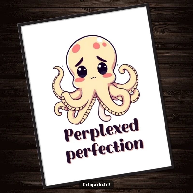 Funny Kawaii Octopus Poster depicting a perplexed cephalopod with tentacles humorously tied in a knot, a relatable and amusing wall art.