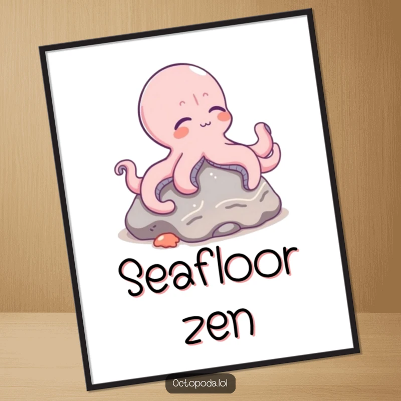Funny poster print of a relaxed octopus character lounging contentedly on a rock at the bottom of the sea.