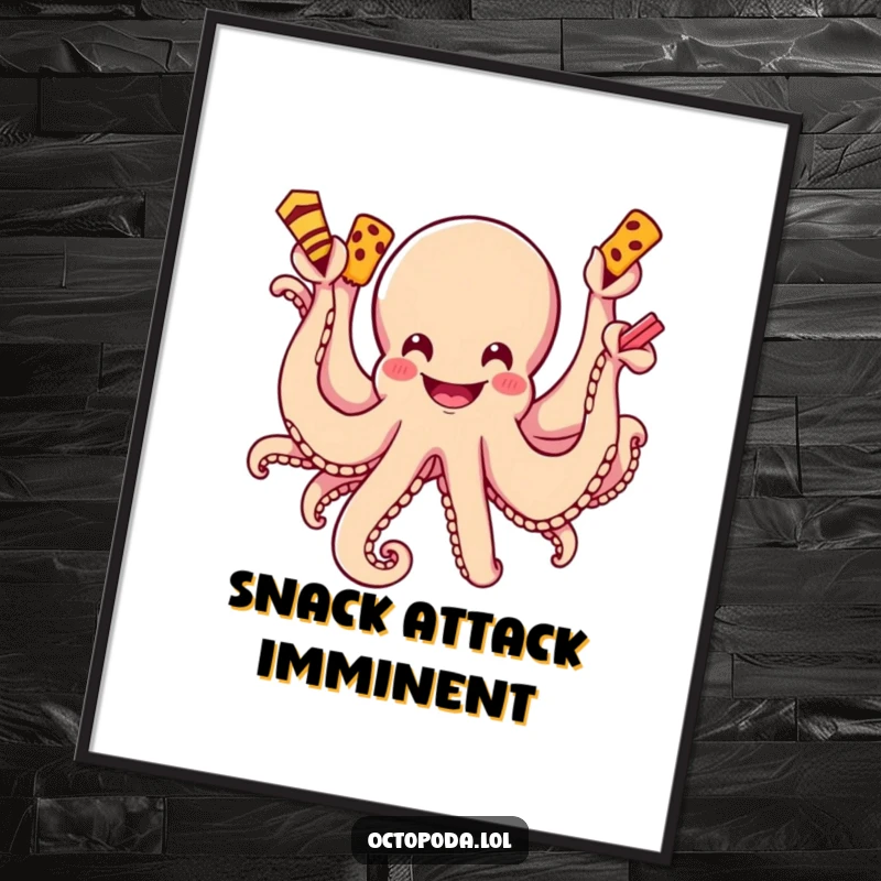 Funny poster of a grinning octopus with multiple arms eagerly reaching towards a selection of tempting snacks.