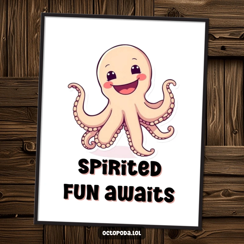 Funny poster featuring a cartwheeling octopus with a huge, joyful grin, radiating happiness and playful energy.