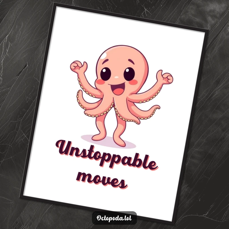 Funny octopus poster showcasing an excited octopus character doing a joyful happy dance, perfect for vibrant and fun decor.