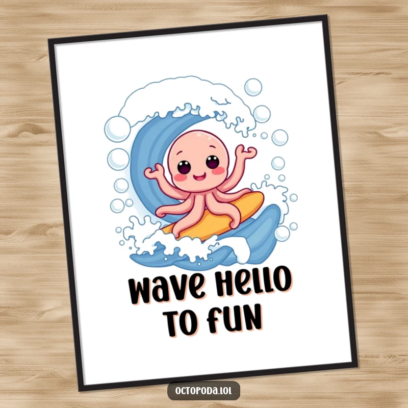 Funny poster: a happy octopus dynamically surfing a giant, effervescent wave of soap bubbles, symbolizing carefree fun and ocean delight.