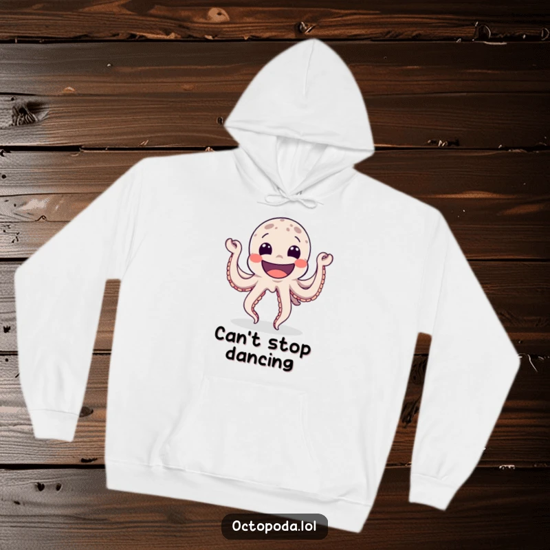 Funny Hoodie with a gleeful octopus with a wide grin doing a happy dance, symbolizing exuberant joy and comfortable festivity.