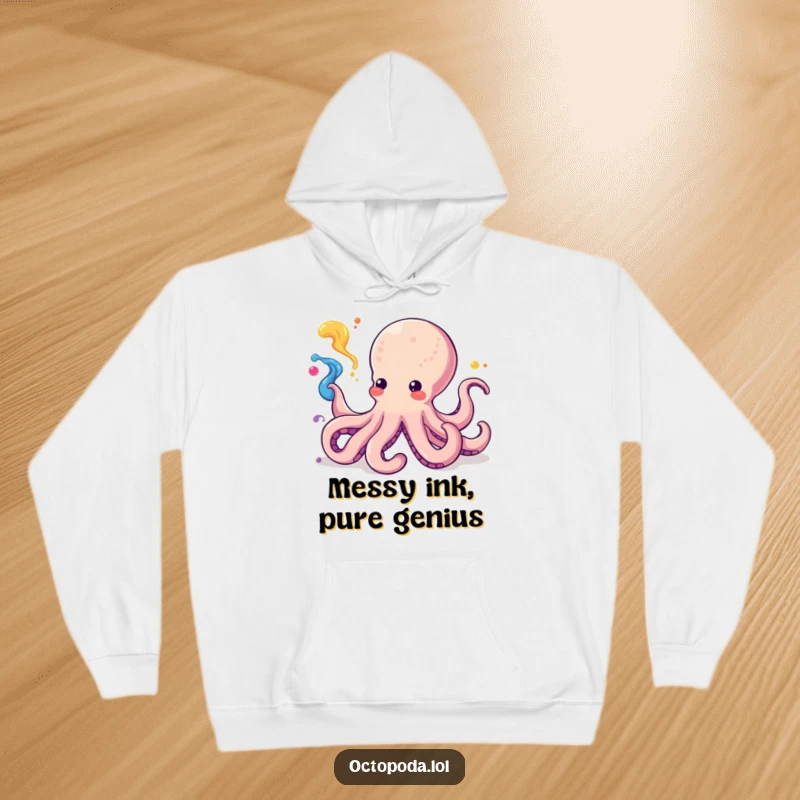 Funny Kawaii Octopus Hoodie featuring a playful cephalopod squirting colorful ink, a cozy and artistic graphic for a fun vibe.