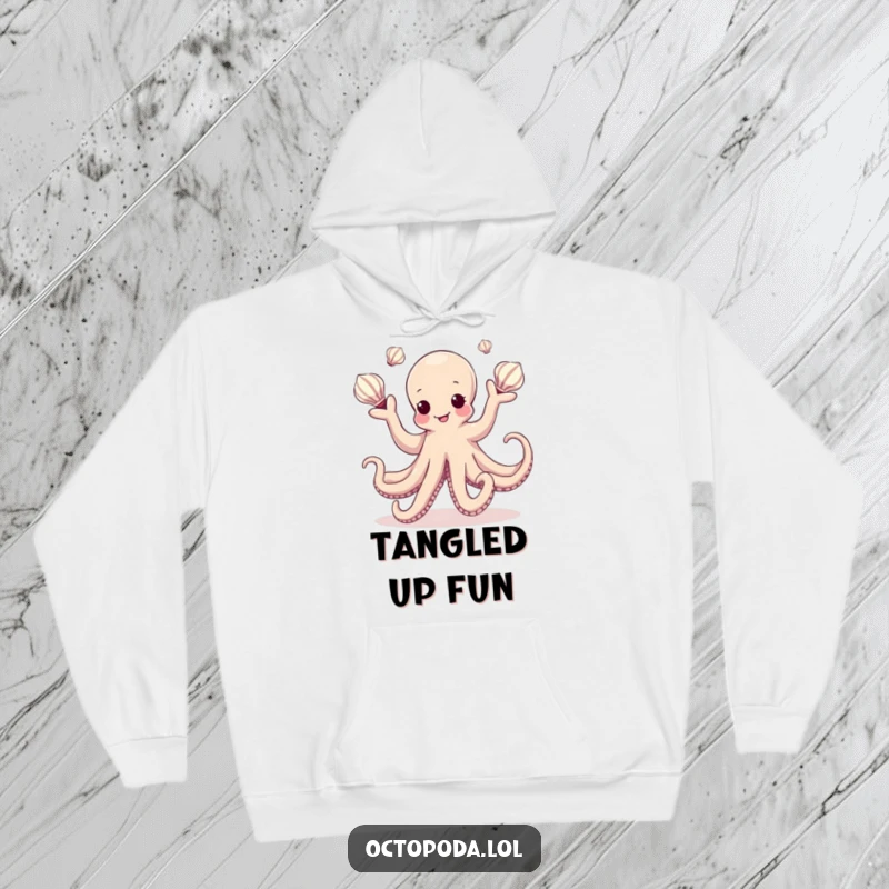Funny Kawaii Octopus Hoodie with a dancing cephalopod skillfully juggling colorful seashells, cozy and artistic apparel.