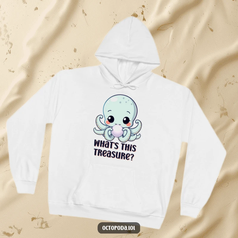 Funny Kawaii Octopus Hoodie with a wide-eyed cephalopod examining a glowing pearl, a cozy and intriguing graphic.
