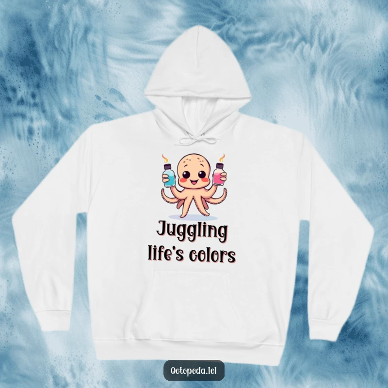 Funny hoodie featuring a happy octopus juggling ink bottles, perfect for staying warm and channeling artistic inspiration.