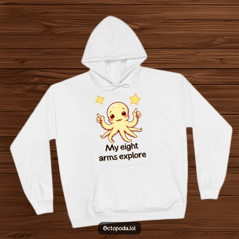 Funny hoodie depicting a curious octopus pointing its arms towards a twinkling star, offering warmth and cosmic wonder.