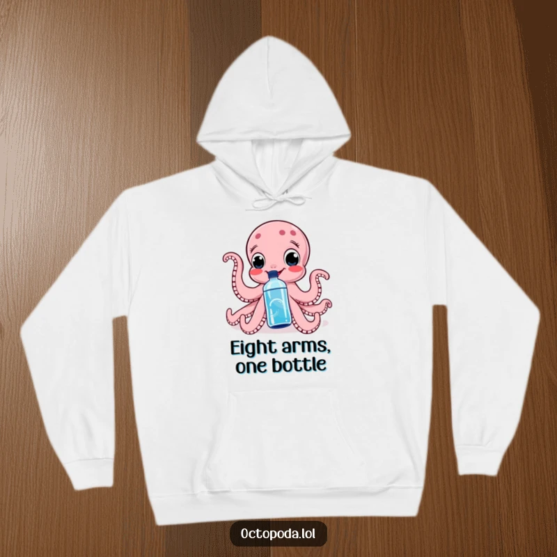 Funny hoodie featuring a happy octopus squeezing a water bottle, perfect for staying warm and humorous during downtime.