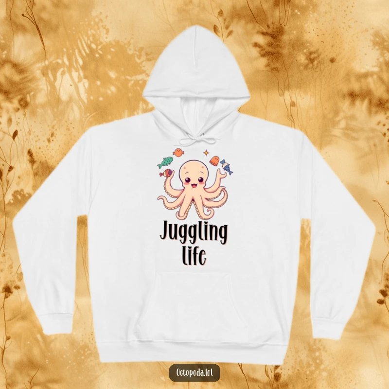 Funny hoodie design of an octopus with multiple arms juggling various sea creatures, comfortable and full of life.