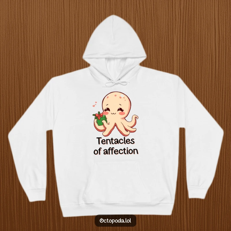 Funny hoodie with a shy octopus blushing and offering a gift wrapped in seaweed, perfect for cozy, sweet moments.