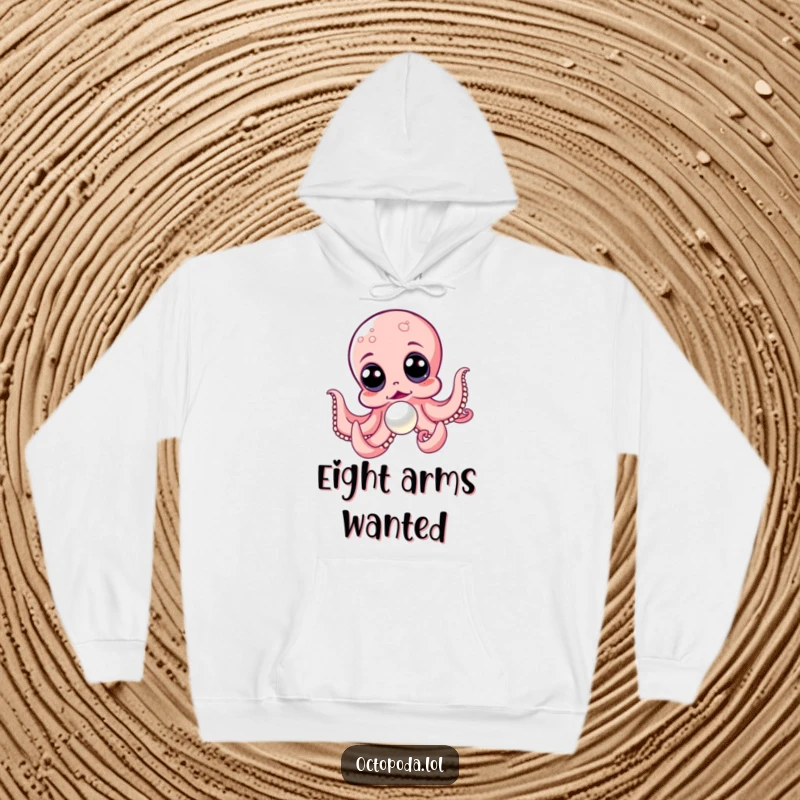 Funny hoodie featuring a wide-eyed octopus enthusiastically pursuing a lustrous pearl, embodying excitement and wonder.