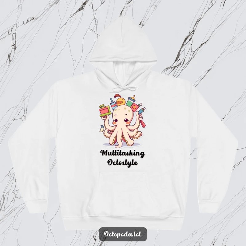 Funny determined octopus hoodie, a comfortable hoodie featuring an octopus balancing multiple items, representing focused effort.