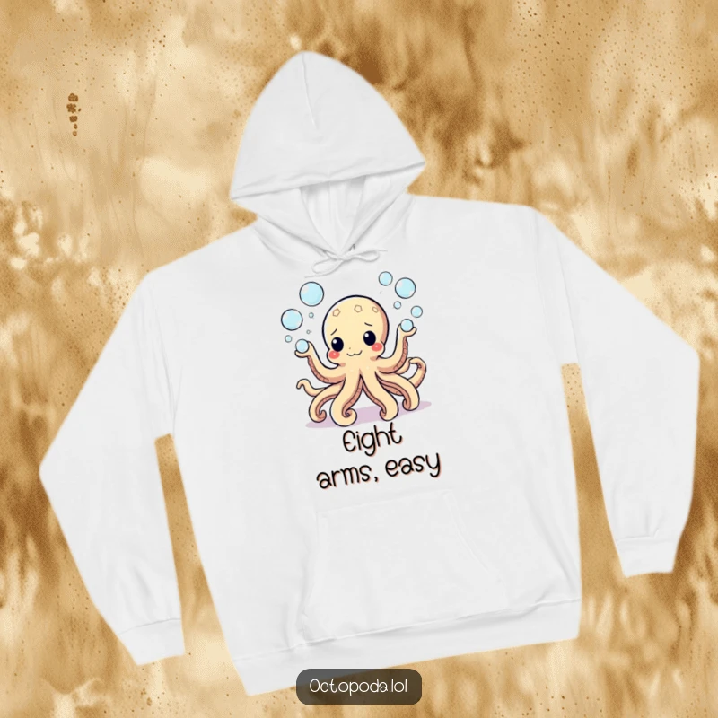 Funny Hoodie showcasing a happy octopus juggling numerous small bubbles with its arms, a symbol of playful chaos and marine delight.