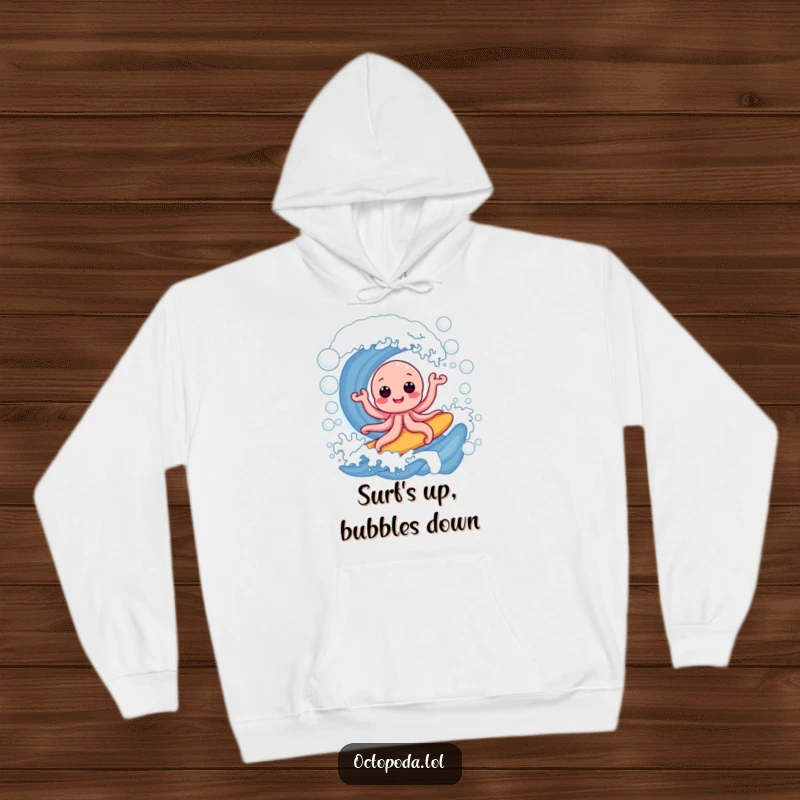 Funny hoodie: a delighted octopus expertly surfing a towering wave of colorful soap bubbles, radiating pure, bubbly excitement and warmth.