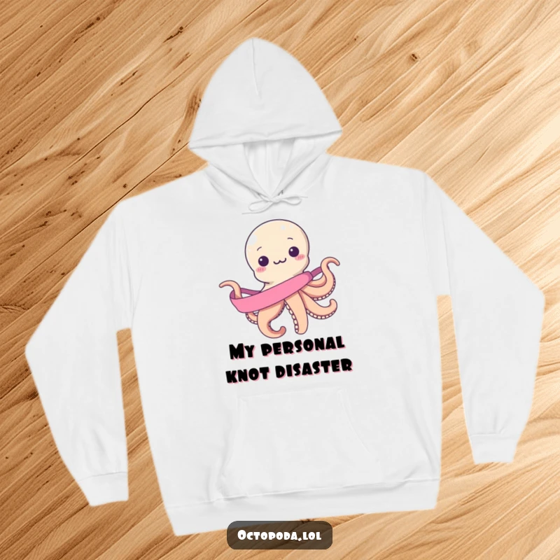 Funny hoodie: a cheerful octopus comically trying to wrap itself with a continuous stream of ribbon, embodying playful chaos and warmth.