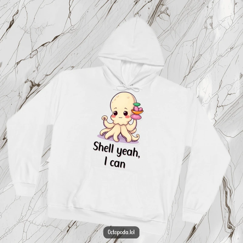 Funny hoodie with a determined little octopus character stacking colorful shiny shells with a tentacle, cozy and motivational.