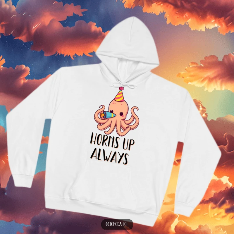 Funny Hoodie featuring an octopus in a small party hat, energetically blowing a colorful party horn.