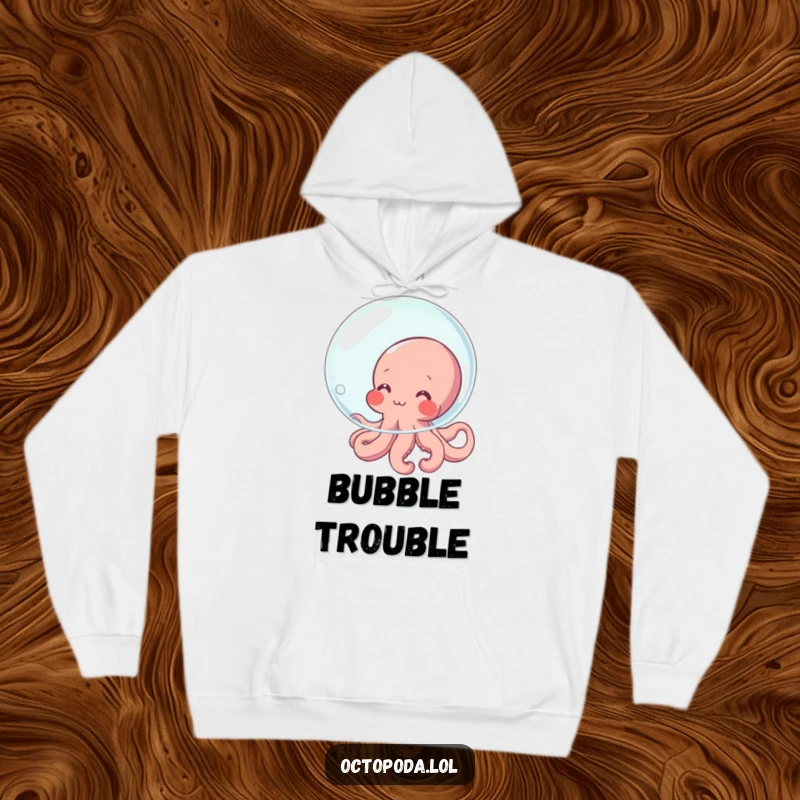 Funny Octopus Hoodie depicting a shy, blushing octopus character humorously attempting to hide behind a single, transparent bubble, exuding bashful cuteness.