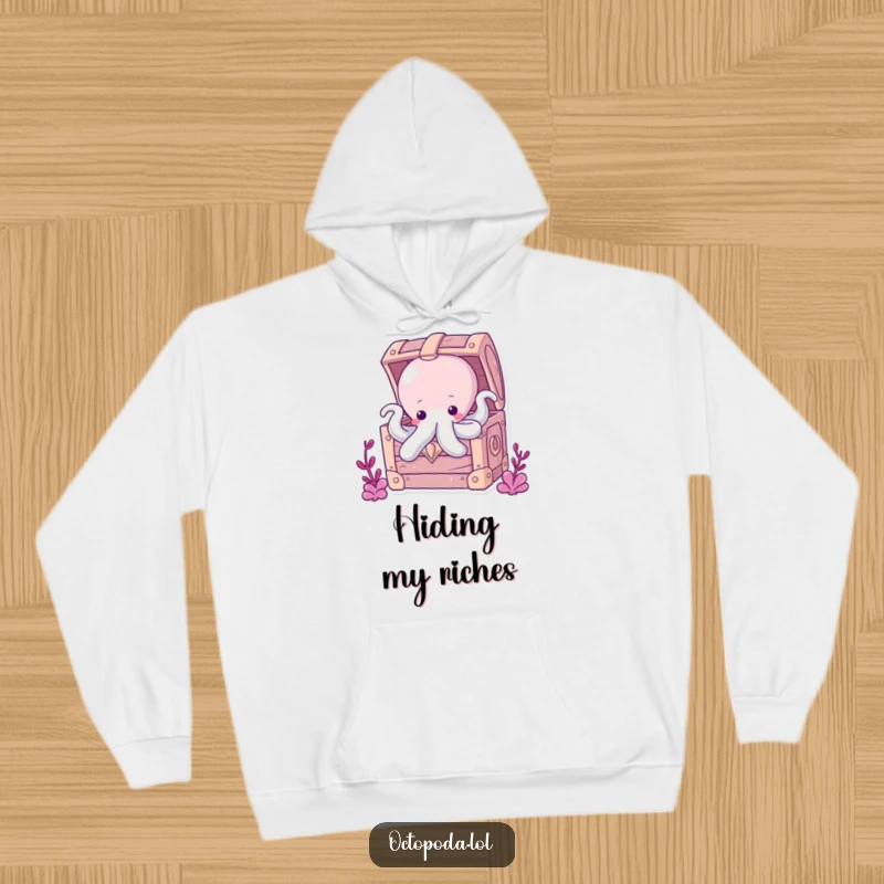 Funny Chubby Octopus Hoodie: A chubby octopus peeking from a treasure chest, offering warmth and a sense of hidden fun.