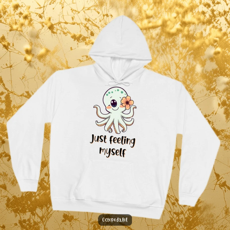 Funny hoodie featuring a happy, dancing octopus with a flower behind its eye, perfect for spreading warmth and joy.