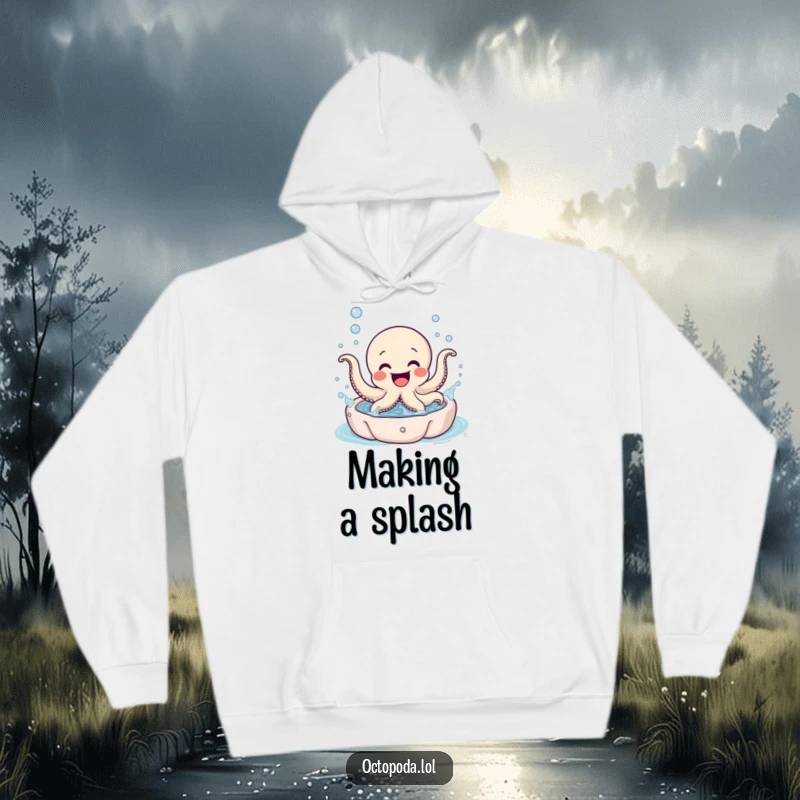 Funny Octopus Hoodie: An excited, little octopus character gleefully splashing in a miniature bubbly pool, offering cozy fun.