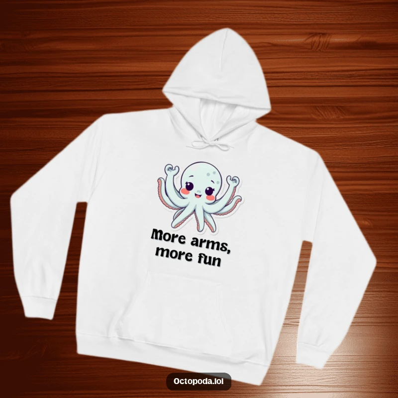 Funny Hoodie depicting a cute octopus character giving an excited eight-armed wave, perfect for cozying up.