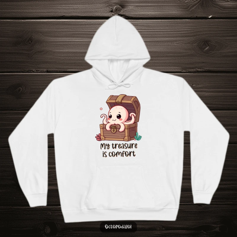 Funny hoodie featuring a curious octopus peeking from a treasure chest, perfect for a cozy, adventurous look.