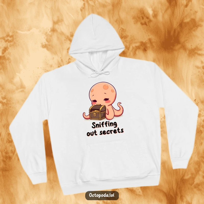 Funny octopus hoodie, a curious cephalopod investigating a small treasure chest, ready for adventure, a warm and humorous garment.