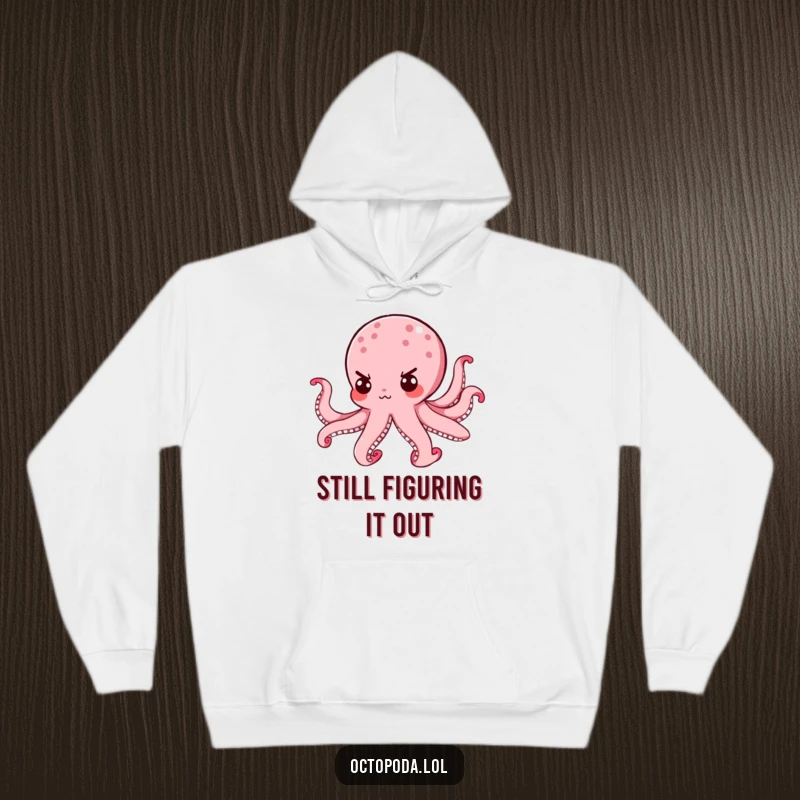 Funny Octopus Hoodie: A determined octopus with a comically serious expression swims, offering warmth and humor.