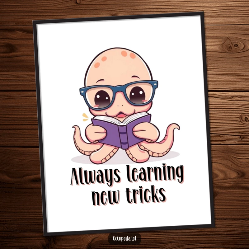 Funny Free Printable Wall Art: An octopus wearing oversized glasses attempts to read a tiny book, creating humorous decor.