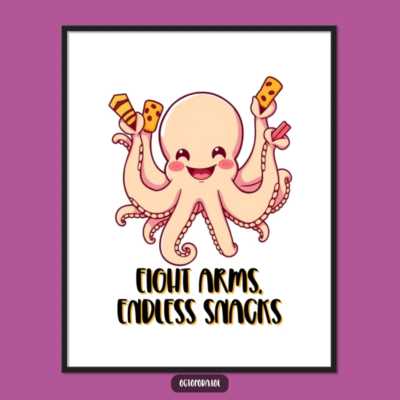 Free Printable Wall Art: Grinning Octopus Snacks, Funny Humorous Downloadable Decor