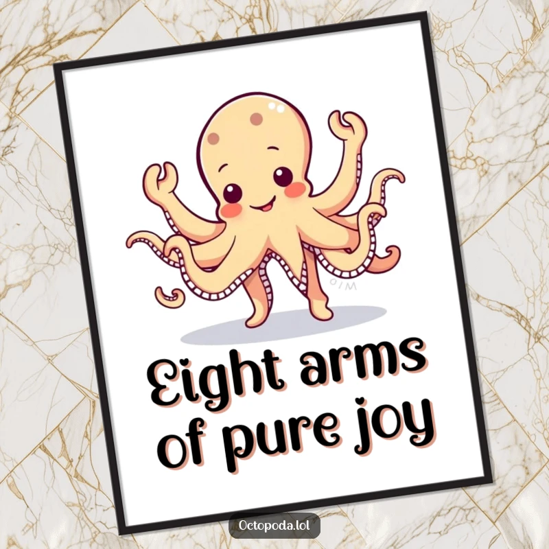 Funny Free Printable Octopus Wall Art: Cute octopus doing a lively jig with arms waving. Energetic art.